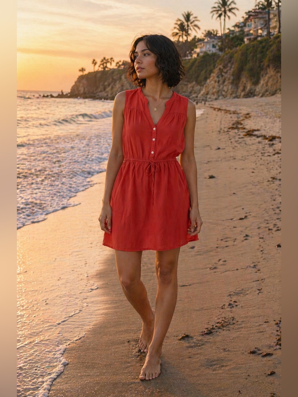 Gap Coral Sleeveless Dress Medium Petite Summer Beach Vacation Casual Tie Waist